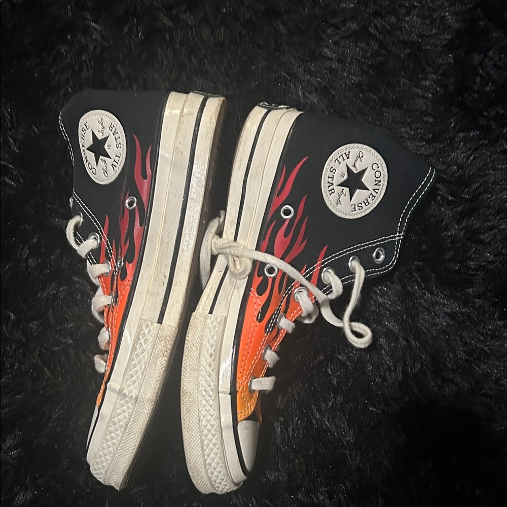 Converse Black High-Tops with Red and Orange Flame Design